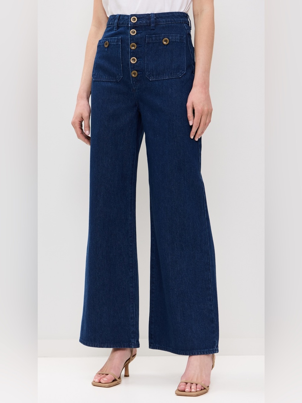 Rolla’s Studio Flare High-Waist Wide-Leg Button-Front Jeans in Dark Vintage Blue